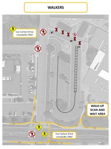 An aerial view of the Challenge to Excellence parking lot with information for students who are walkers in the afternoon.